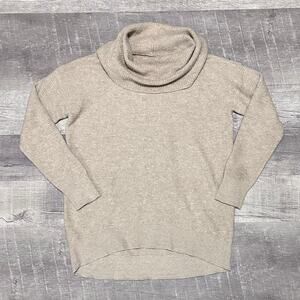 LOFT Foldover Cowl Neck Knit Tunic Sweater Womens M Beige Minimalist Neutral